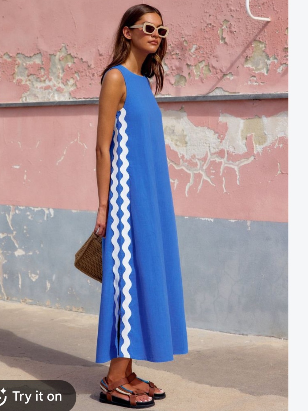 Mister Zimi Blue Maxi Dress with White Wave Trim